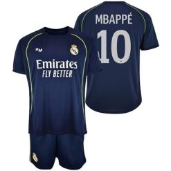 Real Madryt komplet koszulka spodenki junior Mbappe box granatowy. Niebieskie krótkie spodenki sportowe REAL MADRID, bez wzorów, z materiału. Za 254.99 zł.