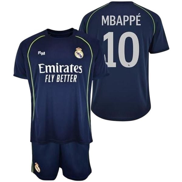 Real Madryt komplet koszulka spodenki junior Mbappe box granatowy. Niebieskie krótkie spodenki sportowe REAL MADRID, bez wzorów, z materiału. Za 250.00 zł.