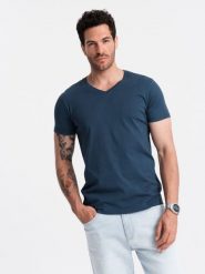 Klasyczna męska bawełniana koszulka z dekoltem w serek BASIC – ciemnoniebieska V13 - Rozmiar: S. Niebieskie t-shirty Ombre Clothing, m, bez wzorów, z bawełny, bez kołnierzyka, bez ramiączek. W wyprzedaży za 24.99 zł.