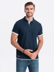 Bawełniana męska koszulka polo z kontrastowymi wykończeniami – granatowa V4 OM-POSS-0113 - XXL. Niebieskie koszulki polo sportowe Ombre Clothing, l, bez wzorów, z bawełny, bez kołnierzyka, bez ramiączek. Za 119.99 zł.