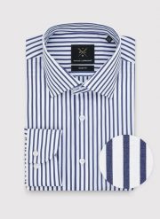 PAKO LORENTE – Bawełniana koszula męska w granatowe paski. Koszule Pako Lorente, m, bez wzorów, z bawełny, bez kołnierzyka, bez ramiączek. Za 279.99 zł.