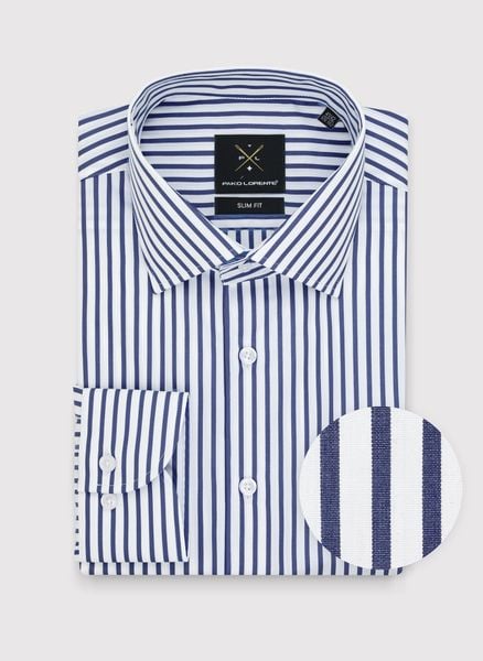 PAKO LORENTE – Bawełniana koszula męska w granatowe paski. Koszule Pako Lorente, m, bez wzorów, z bawełny, bez kołnierzyka, bez ramiączek. Za 199.99 zł.