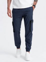 Męskie spodnie JOGGERY z zapinanymi kieszeniami cargo - granatowe V5 OM-PAJO-0135 - XXL. Niebieskie joggery i bojówki Ombre Clothing, l, bez wzorów, z bawełny, wizytowe. Za 113.99 zł.