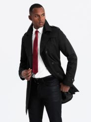Elegancki płaszcz męski trencz SLIM FIT z paskiem – czarny V2 OM-COSC-0126 - XL. Czarne płaszcze Ombre Clothing, l, bez wzorów, z materiału, eleganckie, bez kaptura. Za 251.99 zł.
