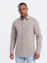 Męska bawełniana koszula REGULAR z dzianiny single jersey - popielata V5 OM-SHCS-0138 - L. Szare koszule Ombre Clothing, l, bez wzorów, z bawełny, bez kołnierzyka, bez ramiączek. W wyprzedaży za 79.99 zł.