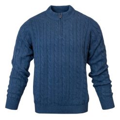 Sweter z Bawełny, Splot Warkoczowy i Wysoki Dekolt - Pako Jeans - Niebieski. Niebieskie swetry rozpinane Pako Jeans, na wiosnę, l, bez wzorów, z bawełny, bez kołnierzyka, bez ramiączek. Za 209.00 zł.
