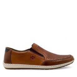 Półbuty Rieker. Brązowe eleganckie półbuty Rieker, bez wzorów, bez obcasa, bez zapięcia. Za 369.99 zł.
