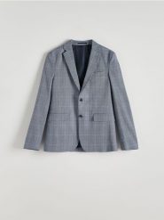 Marynarka slim fit z domieszką lnu - granatowy. Niebieskie garnitury Reserved, bez wzorów, z tkaniny. Za 359.99 zł.