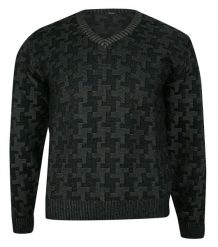 Sweter Czarny w Serek, Wzór Geometryczny, Dekolt V-neck, Elegancki -MAX SHELDON- Męski. Czarne swetry rozpinane Max Sheldon, l, bez wzorów, z bawełny, bez kołnierzyka, bez ramiączek. Za 147.00 zł.