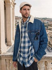 Jeansowa kurtka sherpa trucker - granatowy. Niebieskie kurtki Sinsay, l, bez wzorów, z bawełny, bez kaptura. Za 139.99 zł.