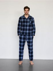 Dwuczęściowa piżama w kratę - niebieski. Niebieskie piżamy Reserved, l, bez wzorów, z bawełny, bez ramiączek. W wyprzedaży za 119.99 zł.