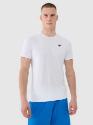4F Koszulka treningowa szybkoschnąca męska - biała M. Białe t-shirty 4F, m, bez wzorów, z dzianiny, bez kołnierzyka, bez ramiączek. Za 79.99 zł.