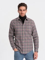 Męska flanelowa koszula w kratę - granatowo-czerwona V3 OM-SHCS-0150 - XL. Czerwone koszule Ombre Clothing, l, bez wzorów, z bawełny, bez kołnierzyka, bez ramiączek. W wyprzedaży za 79.99 zł.