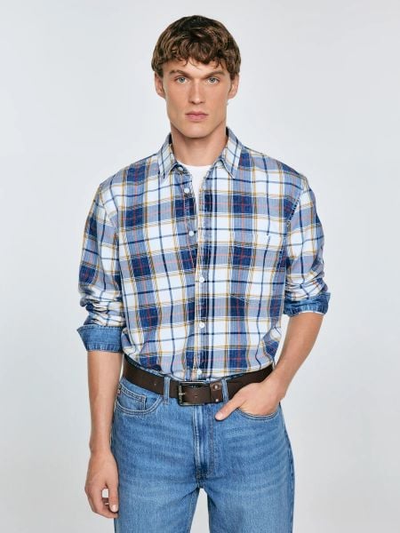 Koszula męska bawełniana w kratę niebiesko-biała Merowi 401. Niebieskie koszule BIG STAR, l, bez wzorów, z bawełny, bez kołnierzyka, bez ramiączek. W wyprzedaży za 99.99 zł.