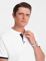 Koszulka męska polo bez kołnierzyka - biała V1 OM-TSCT-0156 - XXL. Białe koszulki polo sportowe Ombre Clothing, l, bez wzorów, z bawełny, bez kołnierzyka, bez ramiączek. W wyprzedaży za 39.99 zł.
