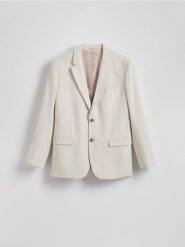 Marynarka slim fit z domieszką lnu - beżowy. Brązowe garnitury Reserved, bez wzorów, z tkaniny. Za 359.99 zł.