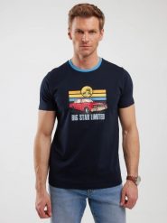 Koszulka męska z kolorowym nadrukiem granatowa Ralier 403. Niebieskie t-shirty BIG STAR, l, bez wzorów, z bawełny, bez kołnierzyka, bez ramiączek. Za 99.99 zł.