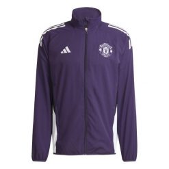 Kurtka dresowa Prematch Manchester United 2025/26. Białe kurtki Adidas, bez wzorów, z dresówki, bez kaptura, do piłki nożnej. W wyprzedaży za 305.50 zł.