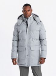 Ciepła długa męska kurtka typu parka z wełną – jasnoszary melanż V3 OM-JALJ-0217 - XXL. Szare kurtki Ombre Clothing, l, z aplikacjami, z materiału, bez kaptura. W wyprzedaży za 199.99 zł.