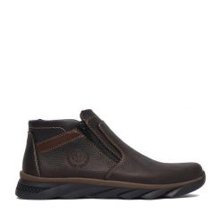 Botki Rieker. Brązowe botki sznurowane Rieker, bez wzorów, bez obcasa, bez zapięcia. Za 419.99 zł.