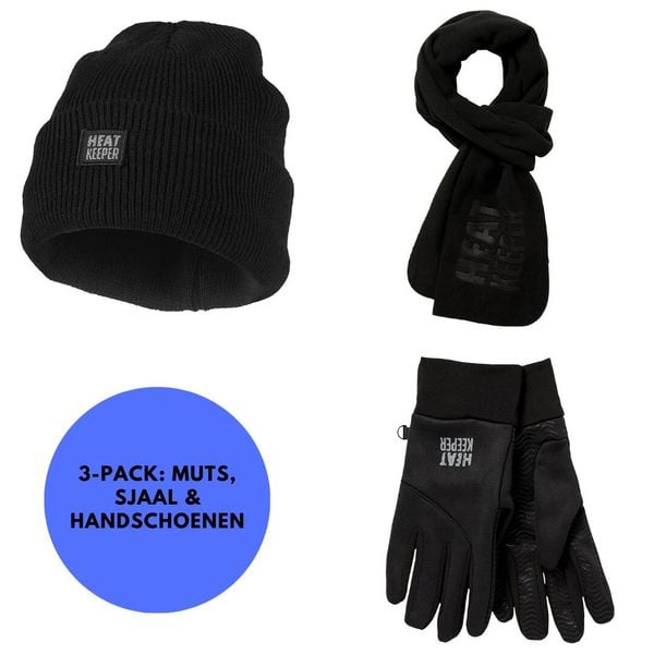 Zestaw termiczny Męski Czapka/Rękawiczki/Szal. Czarne czapki zimowe HEAT KEEPER, bez wzorów, z materiału. W wyprzedaży za 167.20 zł.