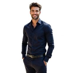 Elastyczna granatowa gładka koszula męska Y91. Koszule Modini Moda Męska, m, bez wzorów, z bawełny, bez kołnierzyka, bez ramiączek. W wyprzedaży za 179.10 zł.