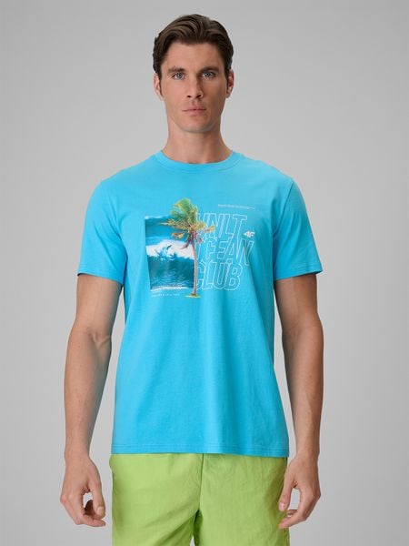4F T-shirt regular z nadrukiem męski - niebieski XL. Niebieskie t-shirty 4F, m, bez wzorów, z bawełny, bez kołnierzyka, bez ramiączek. Za 69.99 zł.
