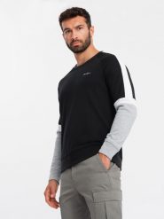 Trójkolorowa bluza męska dresowa z raglanowymi rękawami – czarna V3 OM-SSNZ-22FW-003 - XXL. Czarne bluzy Ombre Clothing, l, bez wzorów, z bawełny, bez kaptura. W wyprzedaży za 99.99 zł.