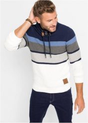 Sweter z grubej dzianiny, z kołnierzem kominem, z czystej bawełny. Niebieskie swetry nierozpinane bonprix, m, bez wzorów, z bawełny, bez kołnierzyka, bez ramiączek. Za 149.99 zł.