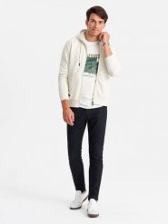 Męska rozpinana bluza dresowa BASIC – kremowa V5 OM-SSBZ-0160 - XXL. Białe bluzy Ombre Clothing, l, bez wzorów, z dresówki, z kapturem. Za 125.99 zł.