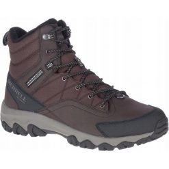 Byty trekkingowe dla mężczyzn Merrel Akita Mid WP. Brązowe buty trekkingowe Merrell, bez wzorów, bez zapięcia. Za 499.99 zł.