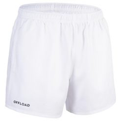 SPODENKI do gry w rugby CLUB R100 bez kieszeni. Czarne szorty OFFLOAD, s, bez wzorów, z materiału, sportowe. W wyprzedaży za 29.99 zł.