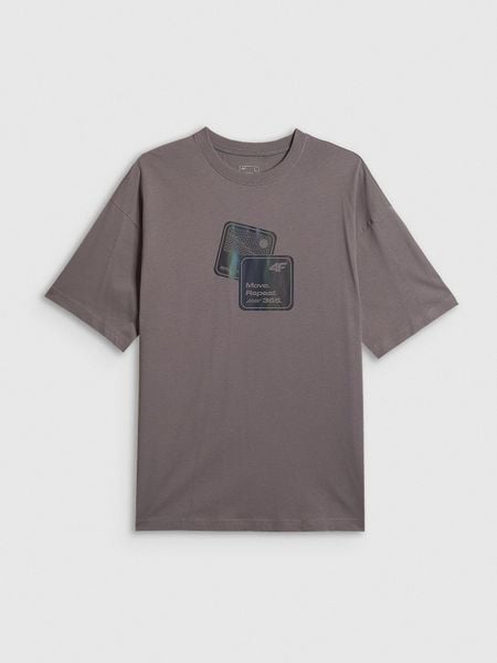 4F T-shirt loose z nadrukiem męski - szary M. Szare t-shirty 4F, m, bez wzorów, z bawełny, bez kołnierzyka, bez ramiączek. Za 89.99 zł.