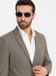 Męska elegancka marynarka SLIM FIT z rayonem – oliwkowa V5 OM-BLZB-0135 - XXL. Zielone garnitury Ombre Clothing, na imprezę, l, bez wzorów, z materiału, eleganckie. Za 359.99 zł.