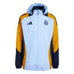 Kurtka dresowa zewnętrzna Real Madrid 2024/25. Niebieskie kurtki przeciwdeszczowe Adidas, bez wzorów, z dresówki, bez kaptura. W wyprzedaży za 322.50 zł.