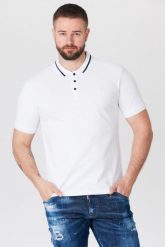 GUESS Biała męska koszulka polo z paskiem na kołnierzyku, Rozmiar XL. Białe koszulki polo sportowe Guess, m, z aplikacjami, prążkowane, bez kołnierzyka, bez ramiączek. W wyprzedaży za 229.99 zł.