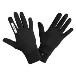 Rękawiczki do biegania Kiprun Warm 100 dotykowe V2. Czarne rękawiczki KIPRUN, bez wzorów, z elastanu. Za 39.99 zł.