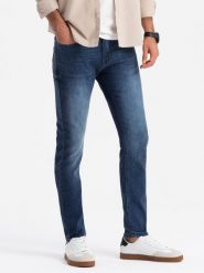 Dopasowane męskie spodnie jeansowe SLIM FIT z elastanem – niebieskie V1 OM-PADP-0214 - XXL. Niebieskie spodnie materiałowe Ombre Clothing, na co dzień, l, bez wzorów, z bawełny, casualowe. Za 119.99 zł.