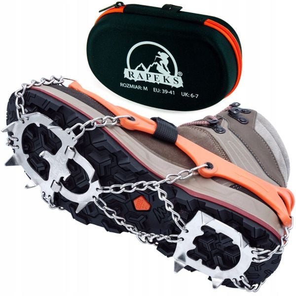 Raczki na buty Rapeks Icetrak. Brązowe buty trekkingowe RAPEKS, bez wzorów, bez zapięcia. W wyprzedaży za 117.90 zł.