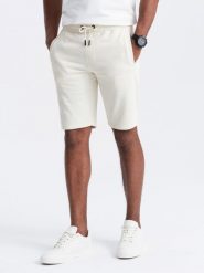 Szorty męskie dresowe przed kolano BASIC – kremowe V5 OM-SRBS-0149 - XXL. Białe krótkie spodenki sportowe Ombre Clothing, m, bez wzorów, z bawełny. W wyprzedaży za 89.99 zł.