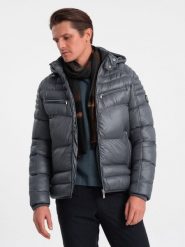 Mocno ocieplona pikowana męska kurtka z odpinanym kapturem – grafitowa V3 - Rozmiar: XL. Szare kurtki Ombre Clothing, m, z aplikacjami, z materiału. W wyprzedaży za 99.99 zł.