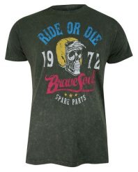 T-Shirt (Koszulka) Oliwkowy z Nadrukiem, Czaszka w Kasku, Okrągły Dekolt, Krótki Rękaw -BRAVE SOUL. Zielone bluzki z długim rękawem Brave Soul, m, bez wzorów, z bawełny, bez kołnierzyka, bez ramiączek. Za 69.00 zł.