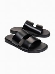 Męskie skórzane klapki z gumową podeszwą - czarne V1. Czarne klapki Ombre Clothing, z gumy. W wyprzedaży za 279.99 zł.
