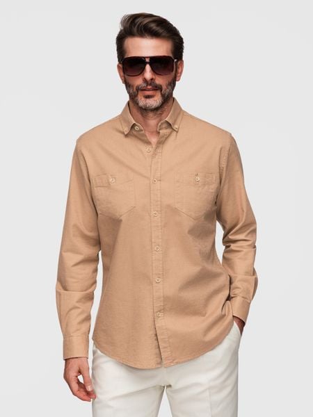 Koszula męska lniana z klasycznym kołnierzykiem i kieszeniami REGULAR FIT – jasnobrązowa V7 - Rozmiar: L. Brązowe koszule Ombre Clothing, na lato, l, z aplikacjami, z bawełny, bez kołnierzyka, bez ramiączek. W wyprzedaży za 160.99 zł.