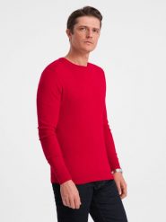 Męski klasyczny sweter z wiskozą BASIC z okrągłym dekoltem – czerwony V5 OM-SWBS-0106 - XXL. Czerwone swetry nierozpinane Ombre Clothing, l, bez wzorów, z wiskozy, bez kołnierzyka, bez ramiączek. W wyprzedaży za 89.99 zł.