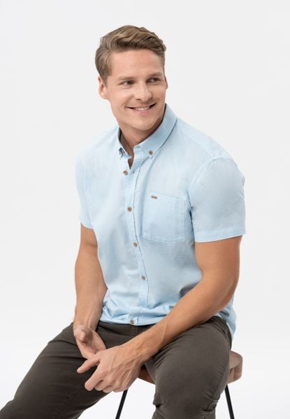 Koszula z lnem, Regular Fit, C-LIN. Niebieskie koszule Volcano, m, bez wzorów, z bawełny, bez kołnierzyka, bez ramiączek. Za 139.99 zł.