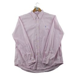 Second life - Klasyczna koszula męska w paski różowa - Jak nowy. Czerwone koszule RALPH LAUREN, m, bez wzorów, bez kołnierzyka, bez ramiączek. Za 212.96 zł.