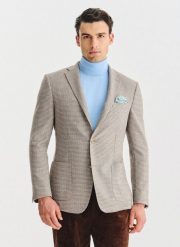 PAKO LORENTE - Jasnobrązowa marynarka w drobną kartkę. Marynarki Pako Lorente, na co dzień, m, bez wzorów, z poliesteru, casualowe. Za 999.99 zł.