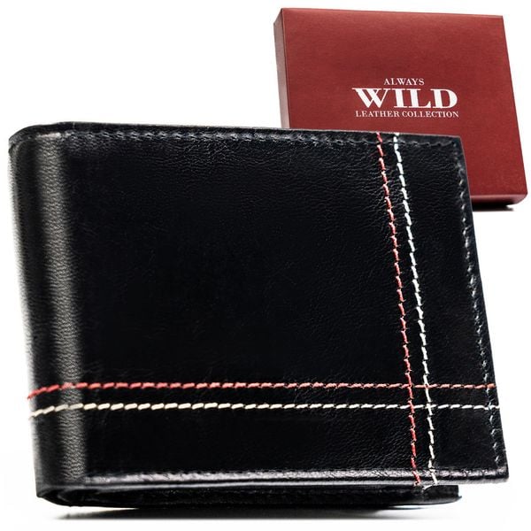 Mały, skórzany portfel męski w czarnym kolorze z systemem RFID - Always Wild. Czarne portfele Always Wild, bez wzorów, ze skóry. Za 48.99 zł.