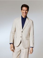 Lniana marynarka regular fit - beżowy. Brązowe garnitury Reserved, bez wzorów. Za 429.99 zł.